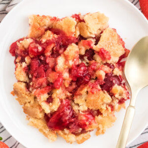 closeup of strawberry dump cake on plate