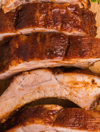 closeup of cooked and cut ribs