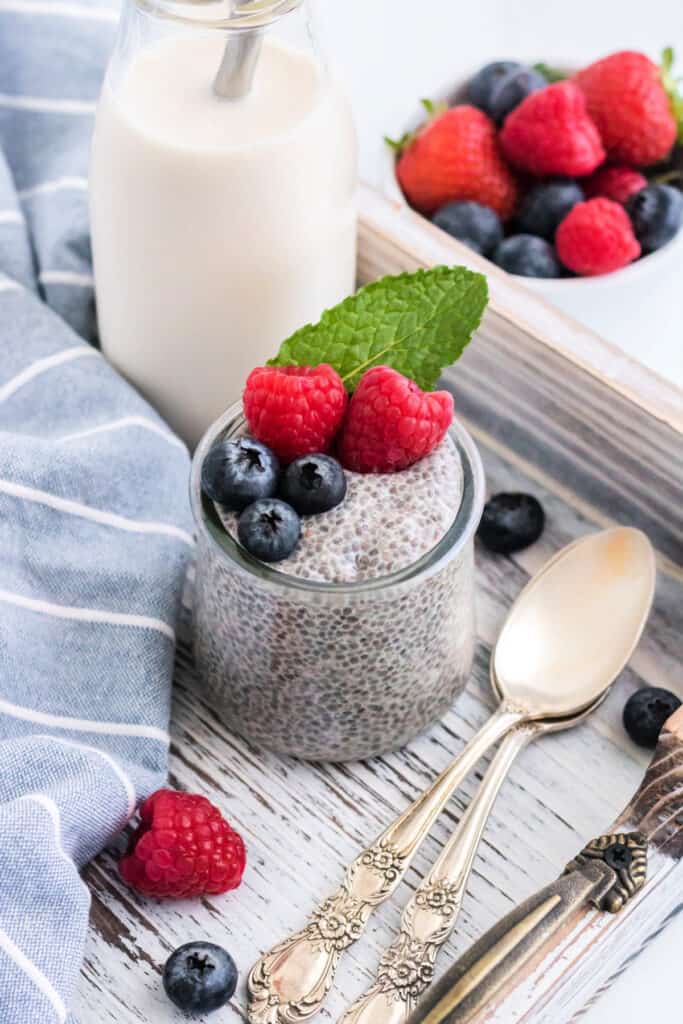 chia seed pudding with a glass of milk