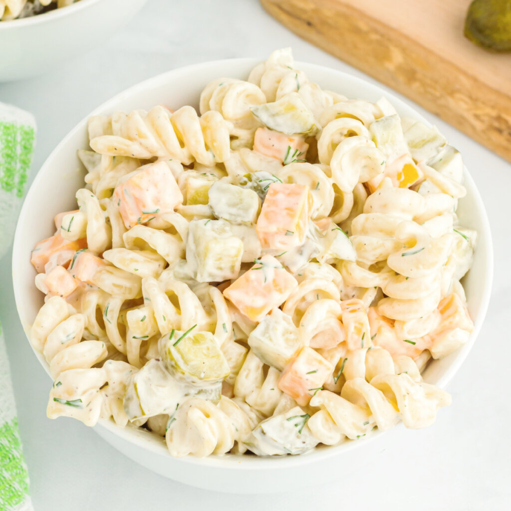 finished dill pickle pasta salad in serving bowl
