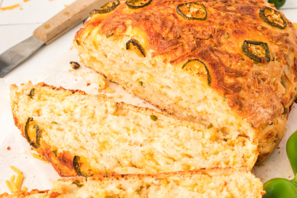 closeup of slices cut from jalapeno cheddar bread