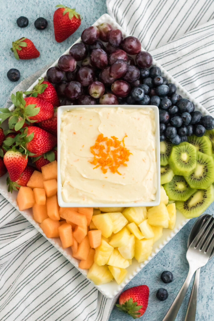 fresh fruit platter with orange fruit dip