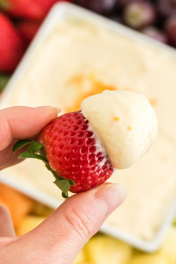 fresh strawberry with orange creamsicle fruit dip