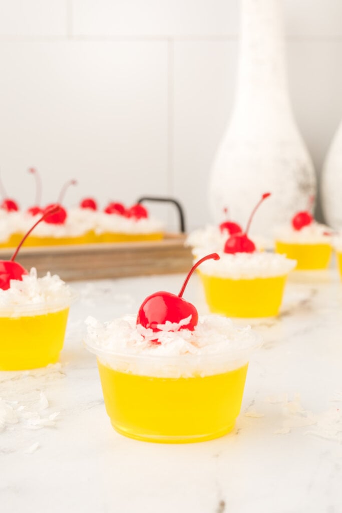 gelatin shots on a marble-topped table