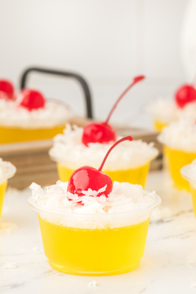 closeup of pina colada jello shots