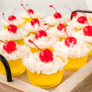 finished pina colada jello shots on tray