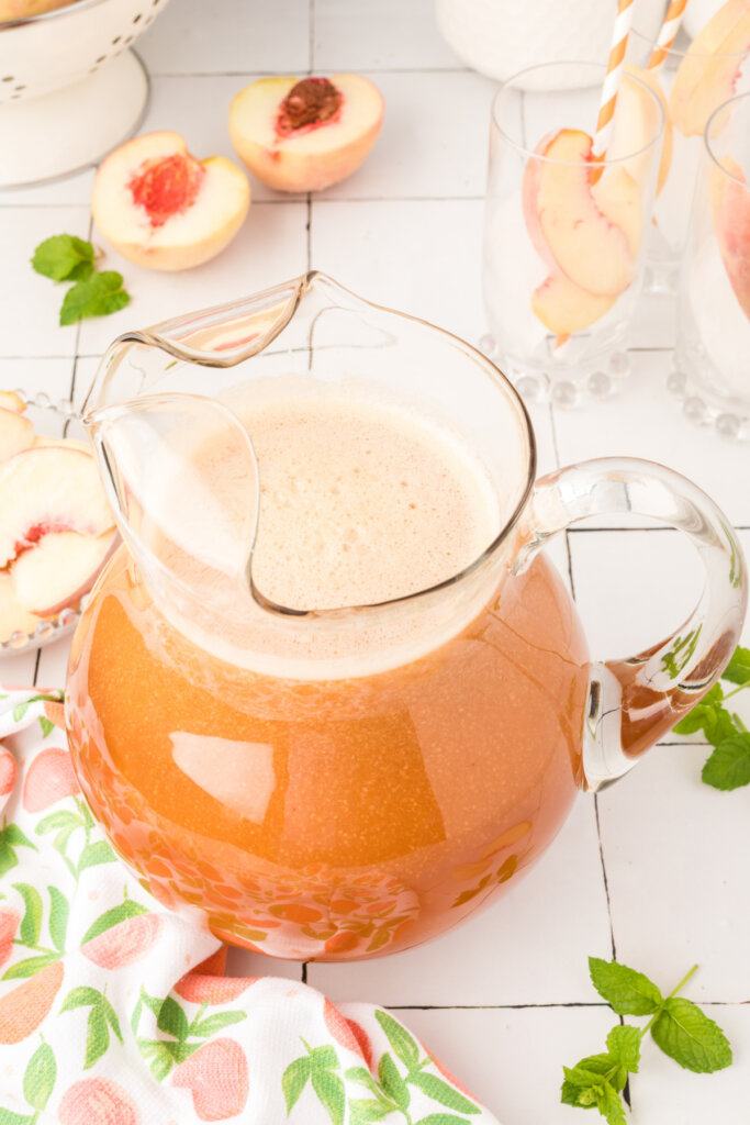 looking down onto a pitcher of southern peach tea