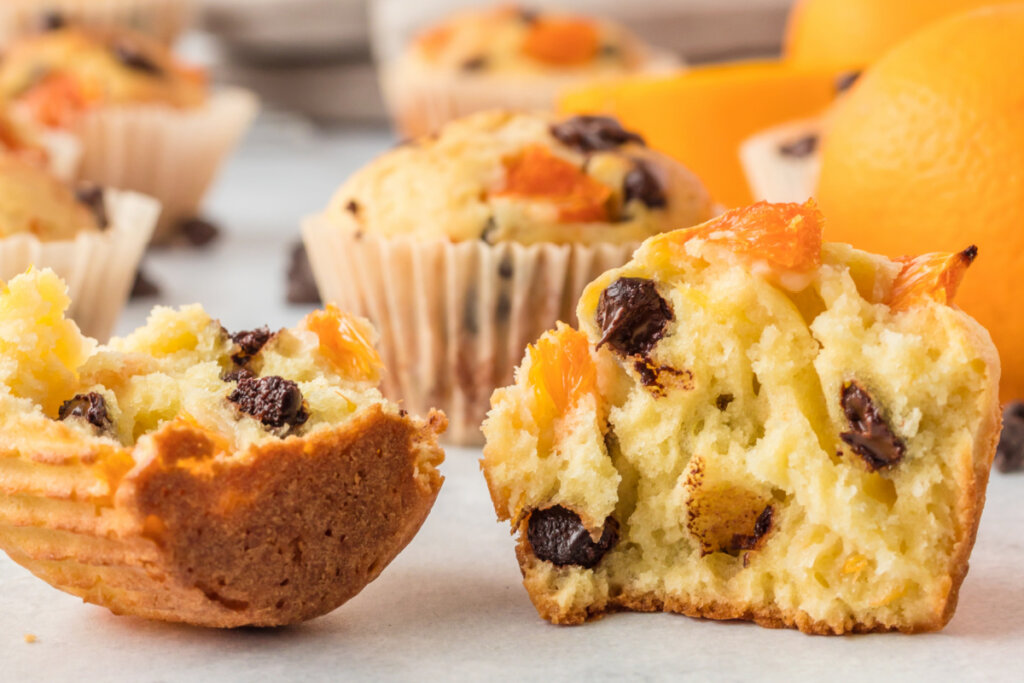 orange muffin split in half to show the inside