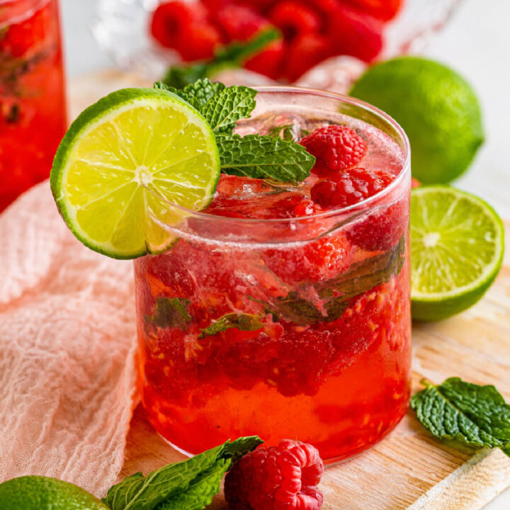 closeup of a berry vodka smash cocktail