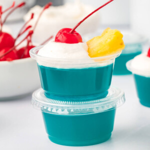 two blue hawaiian jello shots stacked