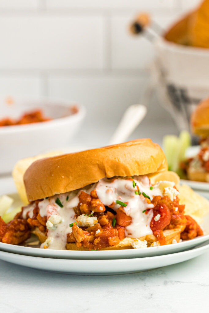 looking forward at a buffalo chicken sloppy joe on a plate ready to eat