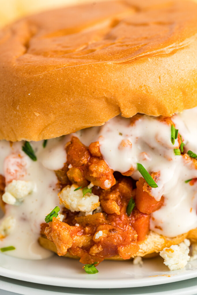 closeup of buffalo chicken sloppy joes