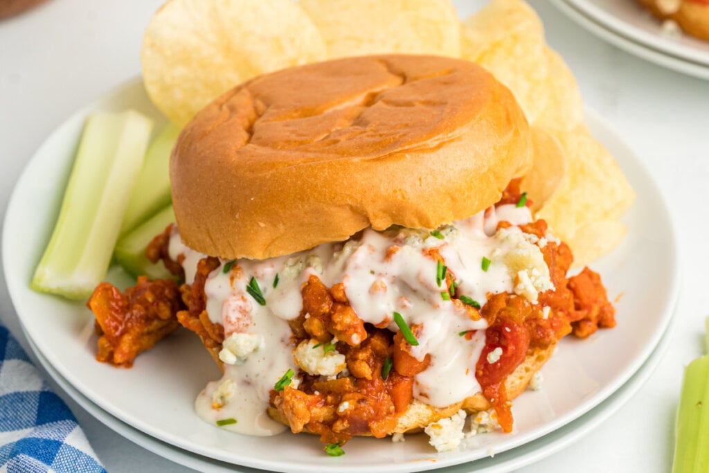 buffalo chicken sloppy joe on white plate