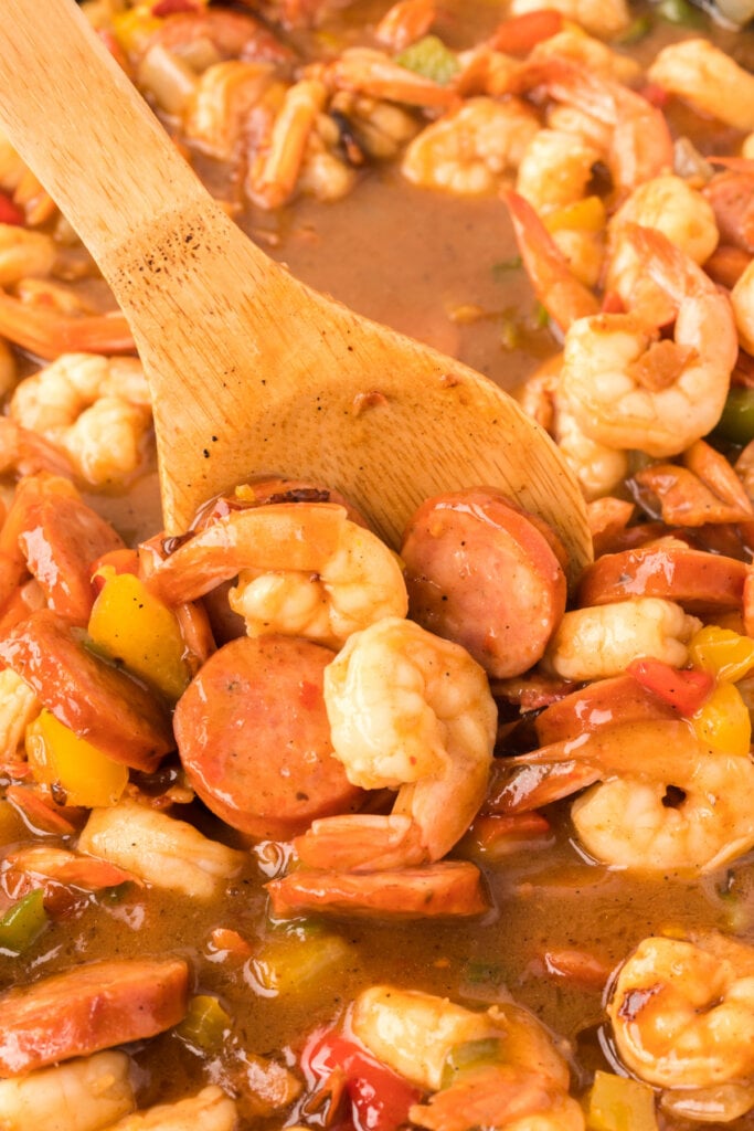 closeup of shrimp and sausage mixture