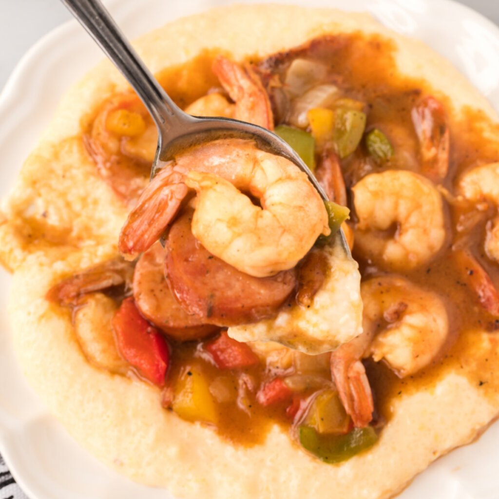 closeup of shrimp and grits