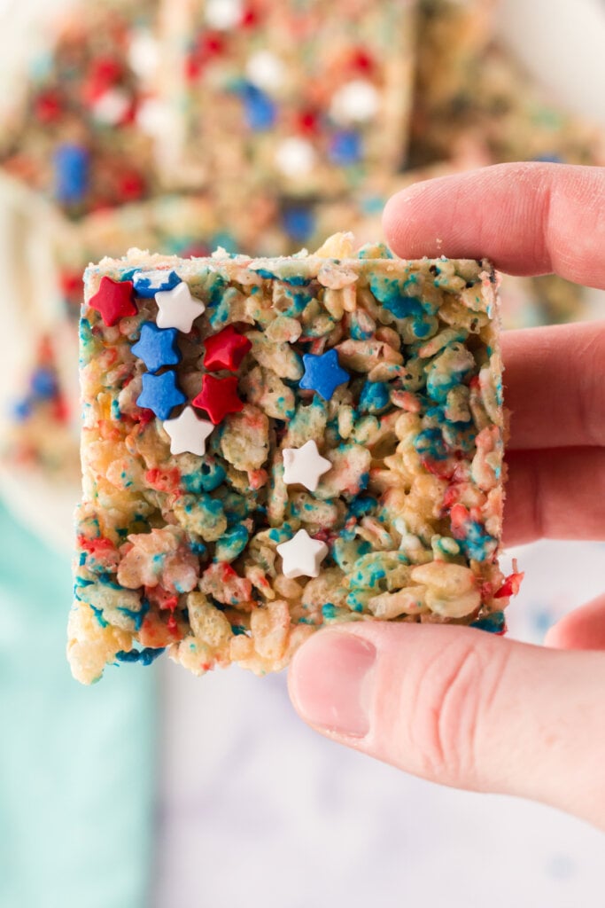 hand holding a patriotic rice crispy treat