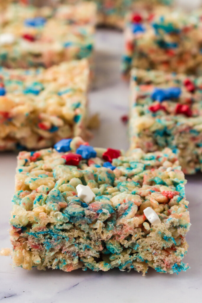 patriotic rice crispy treat bars on table