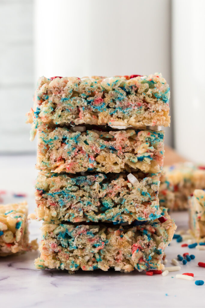 four patriotic rice crispy treats stacked