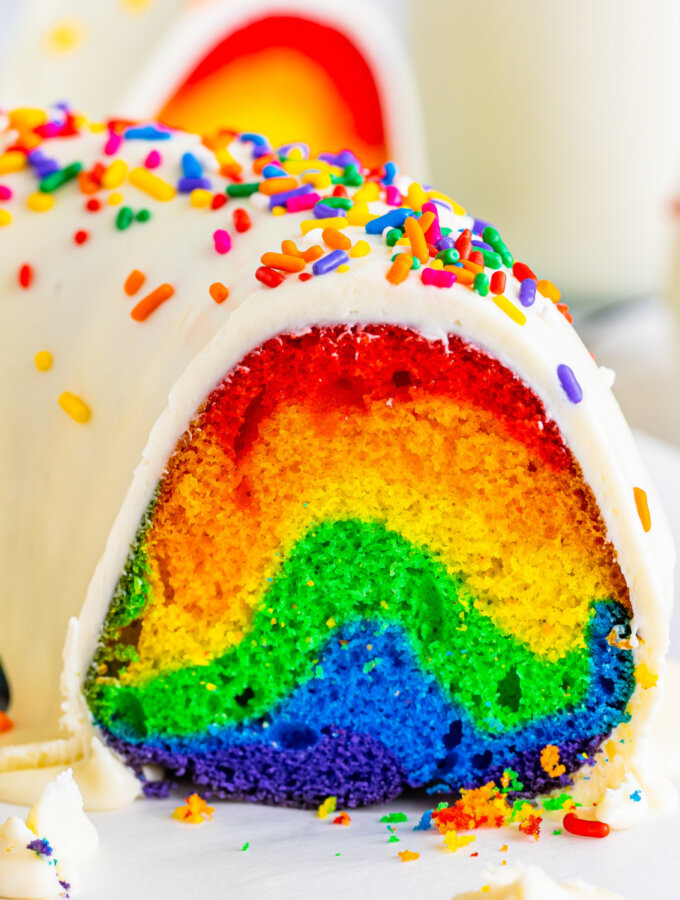 closeup of the inside color pattern of a Rainbow Bundt Cake