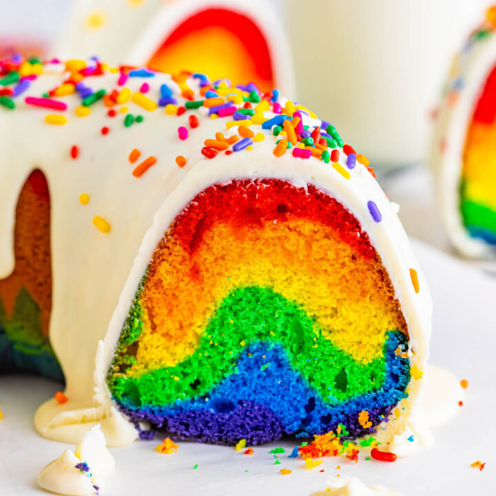 closeup of the inside color pattern of a Rainbow Bundt Cake