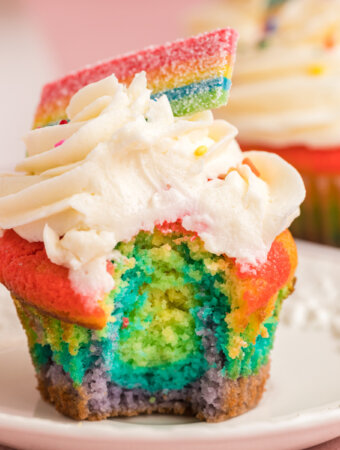closeup rainbow cupcakes on plate