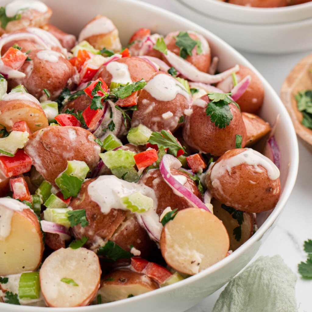 closeup of red potato salad in bowl