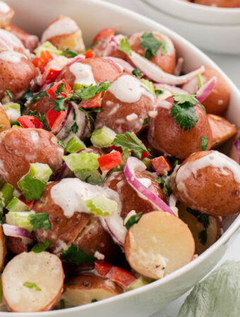 closeup of red potato salad in bowl