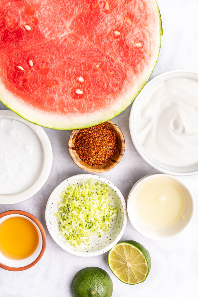 ingredients to make spicy watermelon fries with coconut lime dipping sauce
