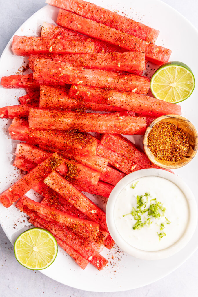 serving platter with spicy watermelon fries and coconut lime dipping sauce