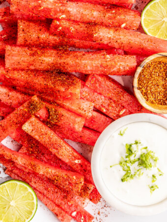 closeup of spicy watermelon fries and coconut lime dip