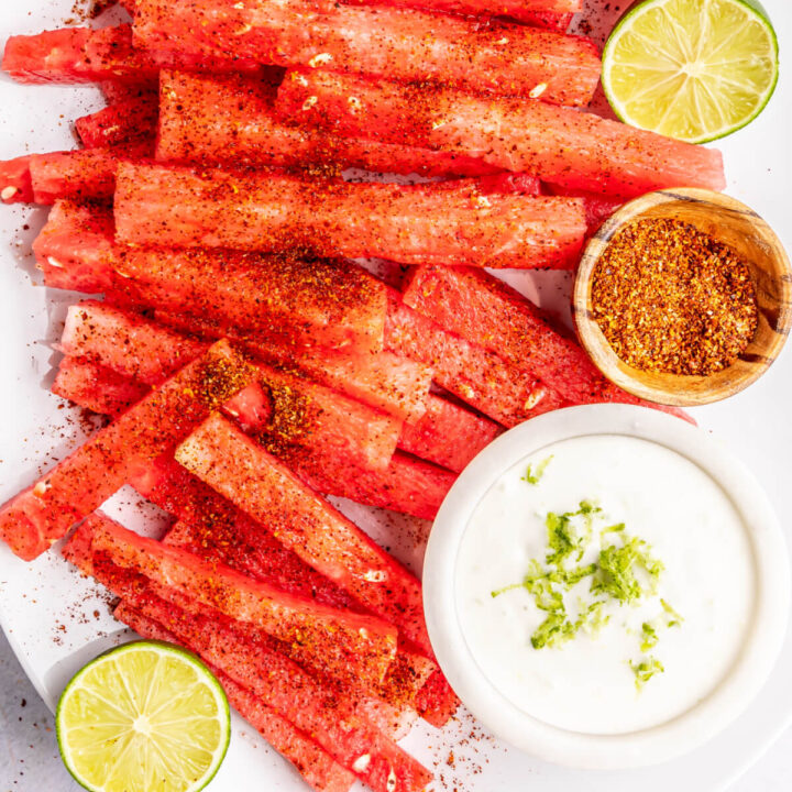 closeup of spicy watermelon fries and coconut lime dip