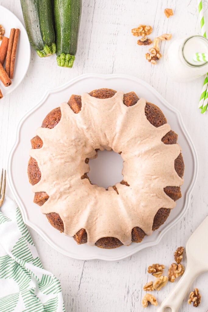 looking down onto a finished zucchini bundt cake
