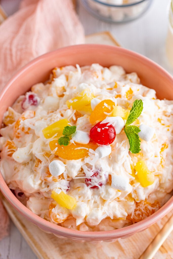 looking down into a bowl with ambrosia salad