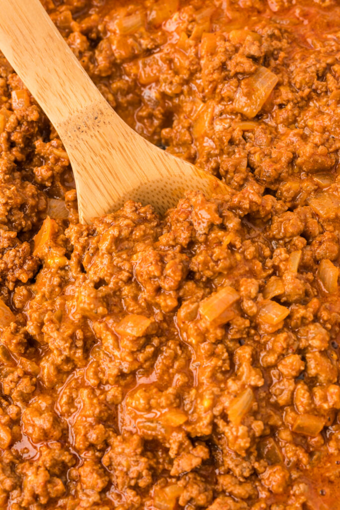 chili cheese sloppy joe meat mixture in skillet