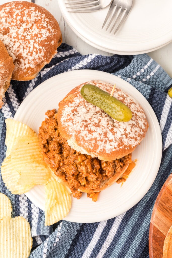 looking down on a plate with a chili cheese sloppy joe