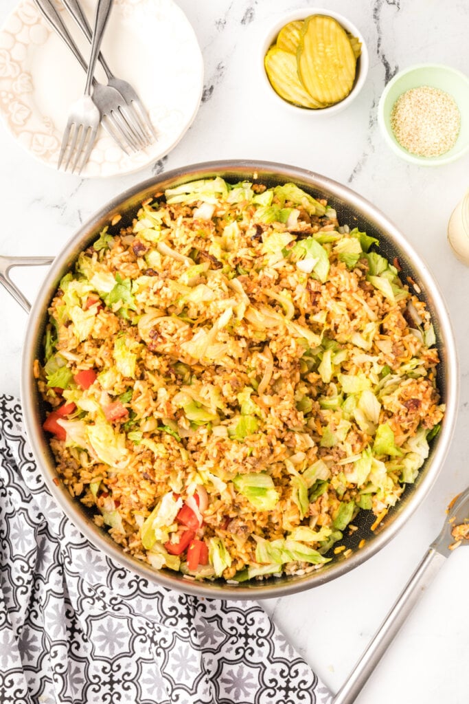 skillet with cheeseburger fried rice