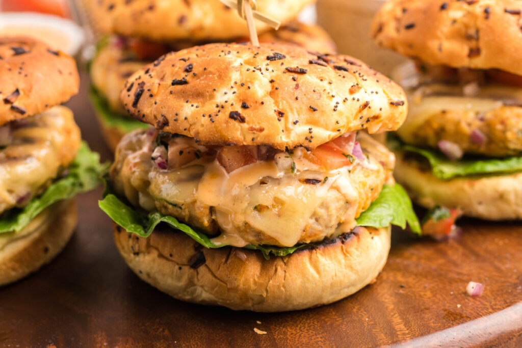 chicken burgers on a cutting board