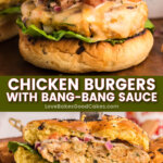 chicken burgers with bang-bang sauce pin collage