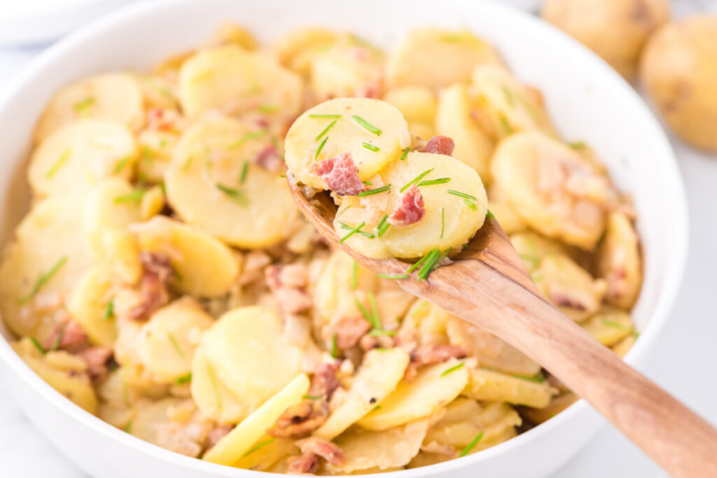 german potato salad recipe in white bowl