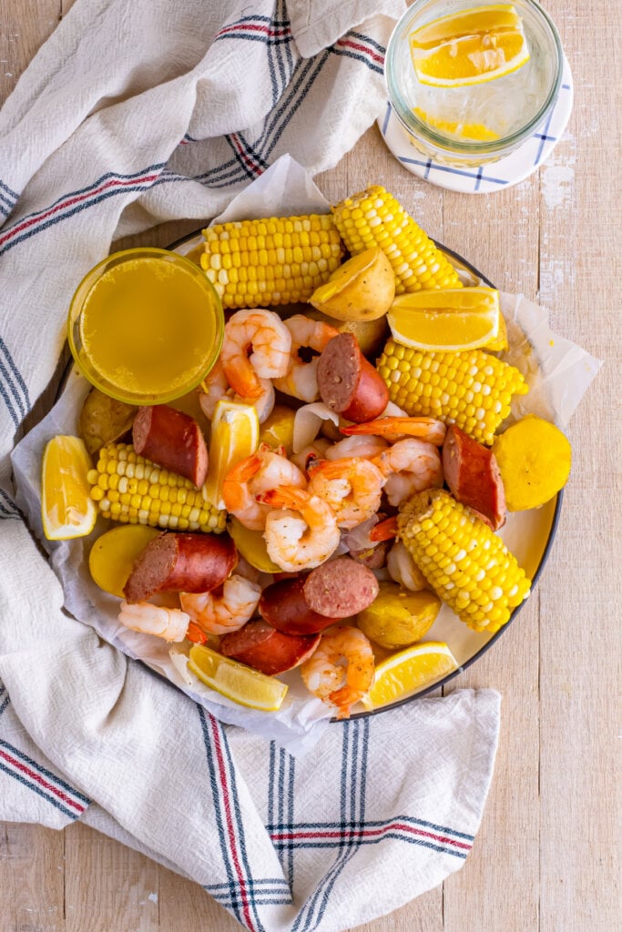 low country boil on plate ready to eat