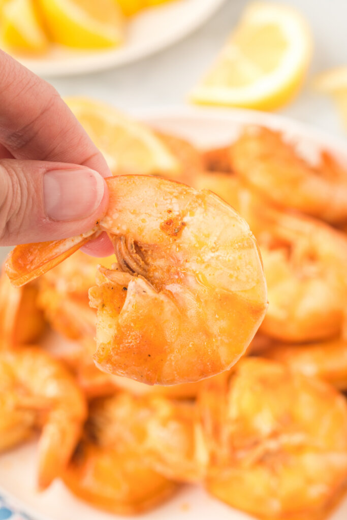 closeup of a hand holding a single cooked shrimp
