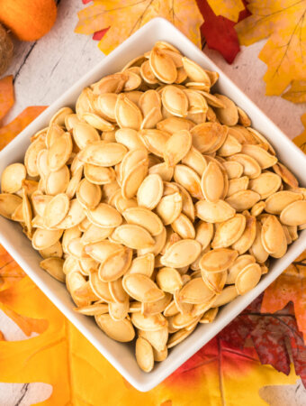 roasted pumpkin seeds in square white bowl