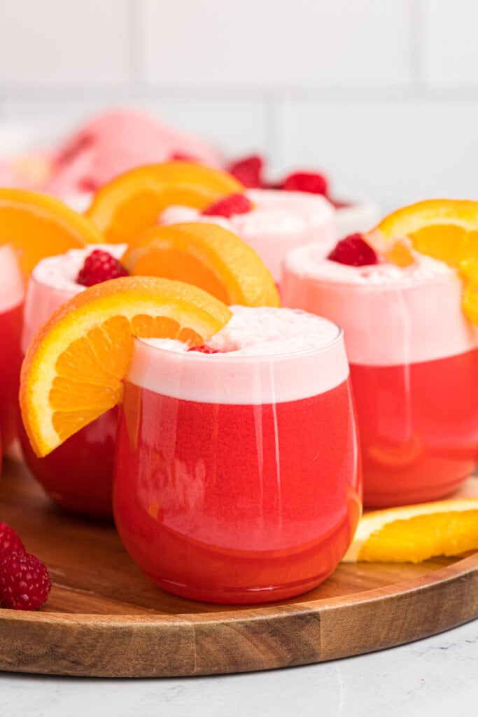 glasses of sherbet party punch on serving tray ready to serve
