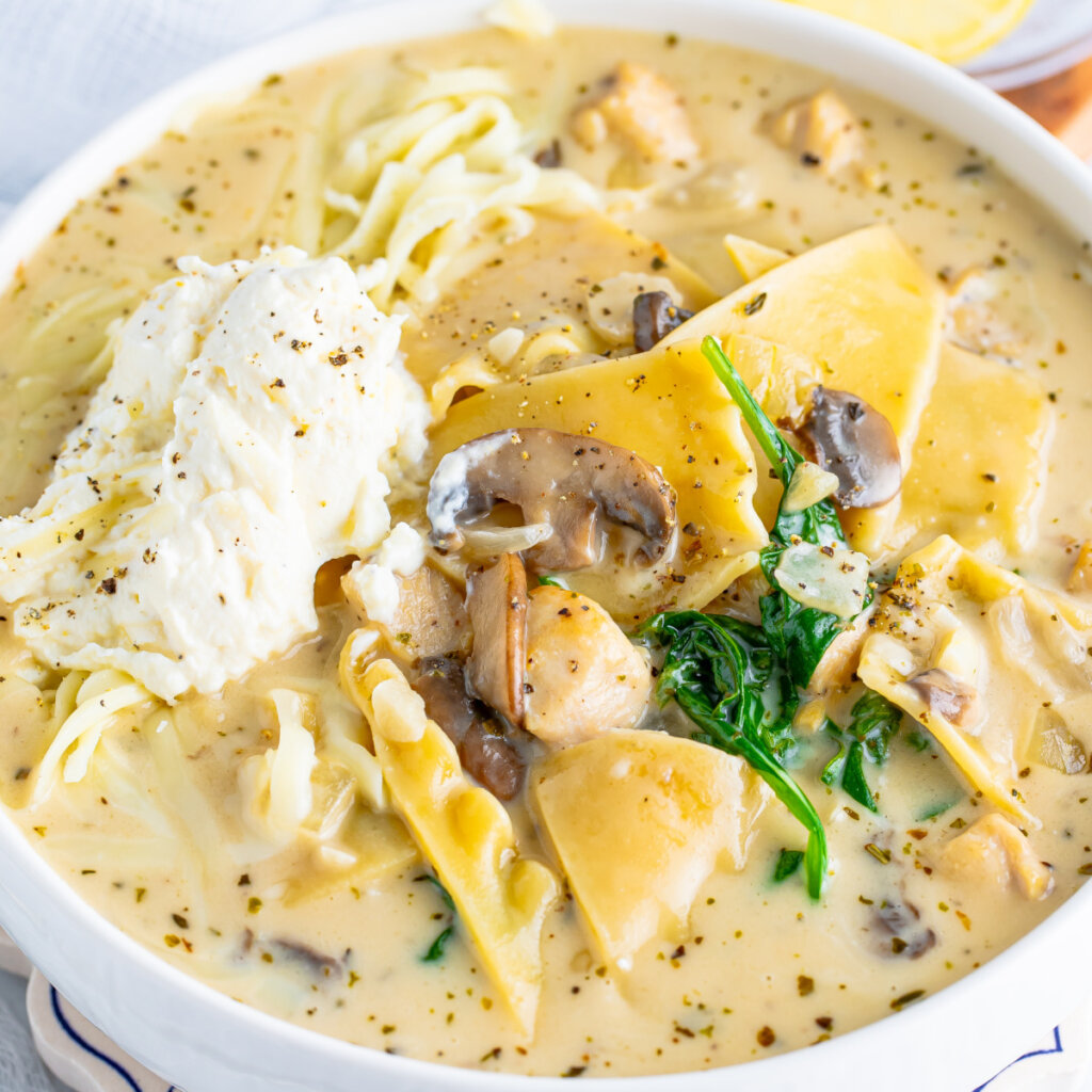 closeup of chicken alfredo lasagna soup in bowl