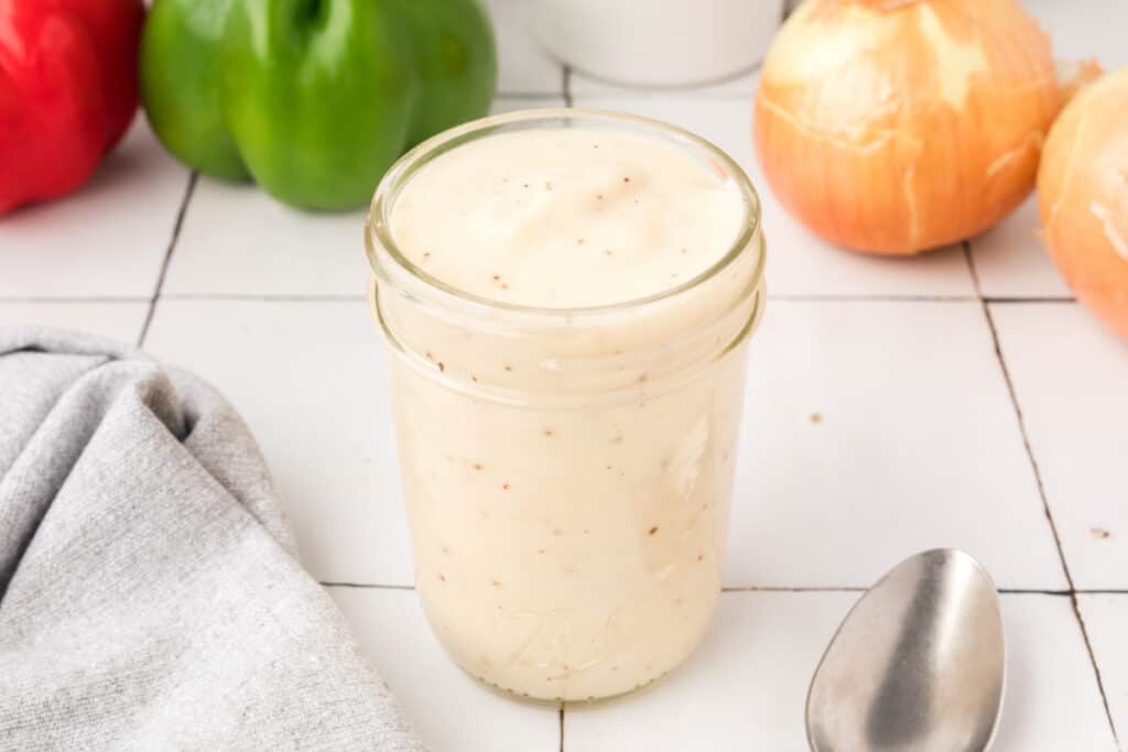 Jar of thick homemade cream soup substitute ready to use in casseroles and other recipes.