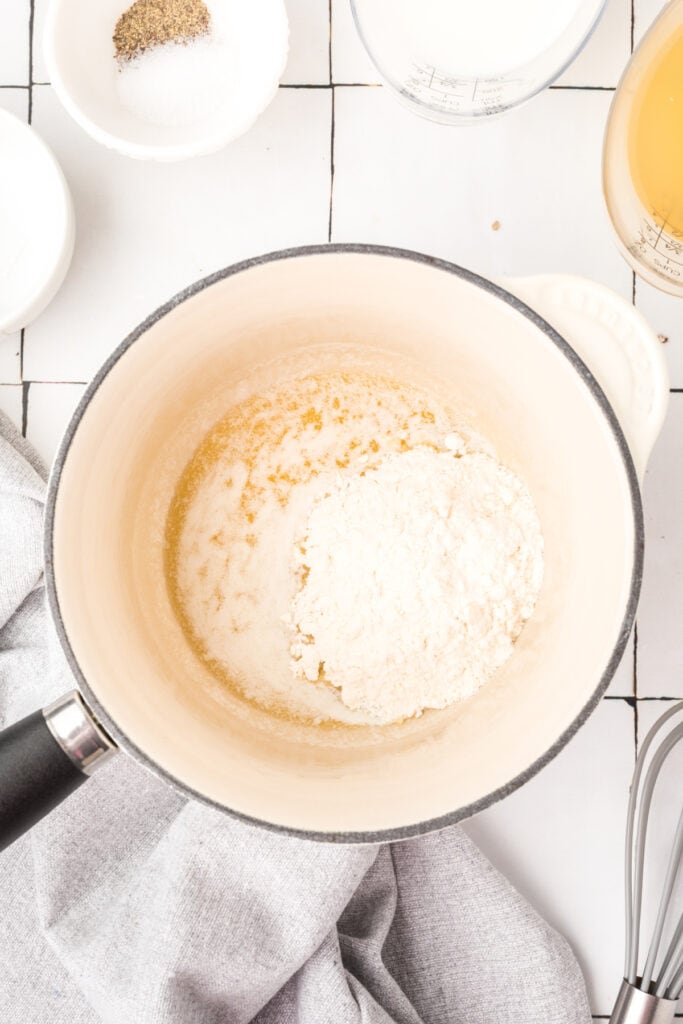 Flour added to melted butter in a saucepan to begin making the condensed cream soup substitute.
