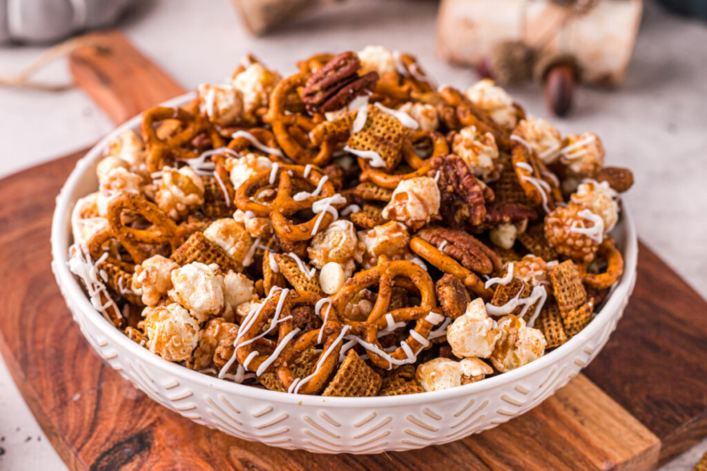 fall snack mix recipe in bowl