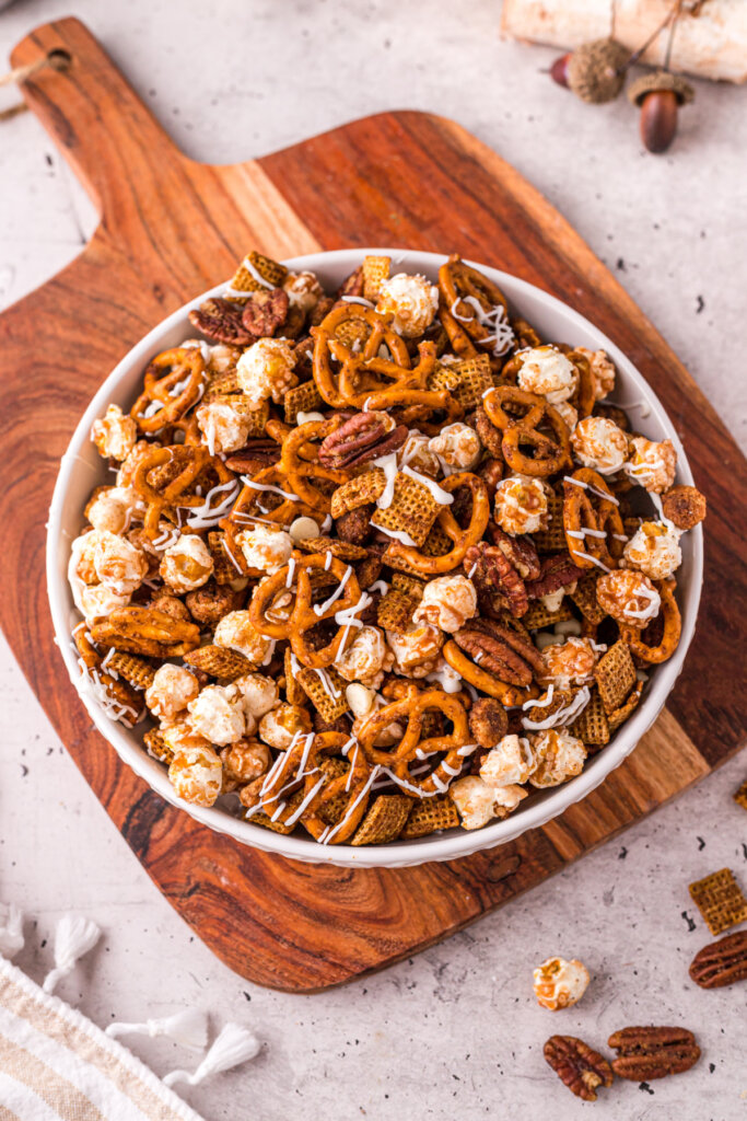 finished fall chex mix in bowl