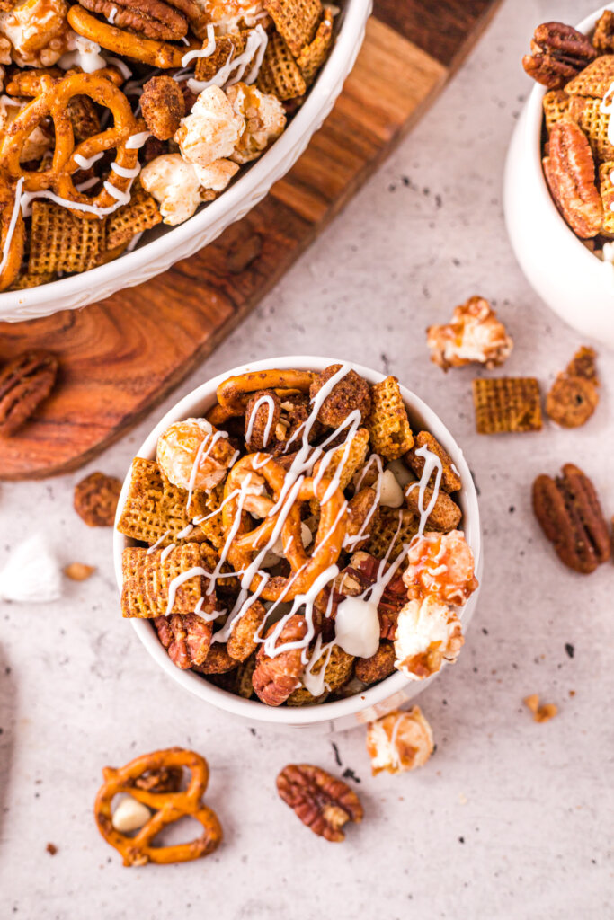 serving of fall chex mix in bowl