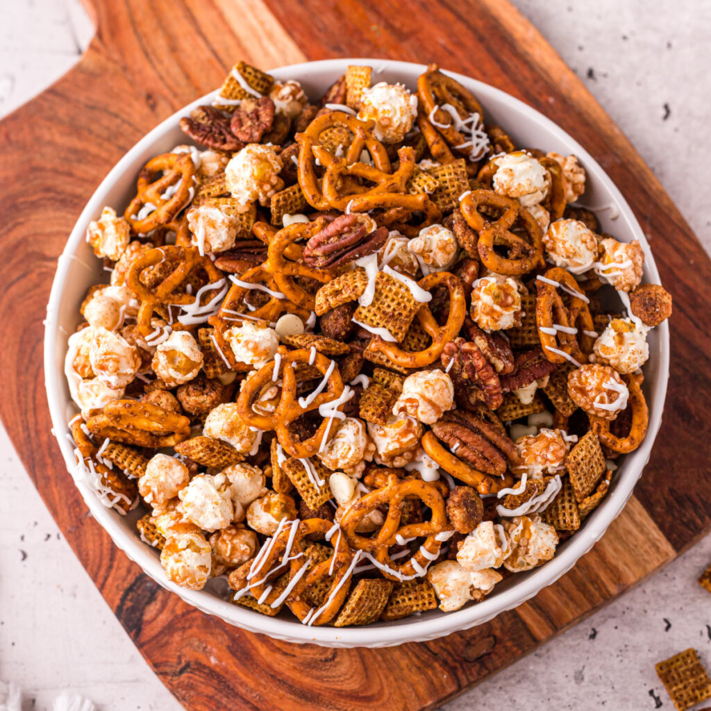 air fryer fall chex mix in bowl ready to serve